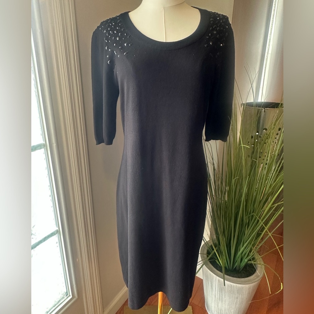 Black Embellished Sweater Dress. Woman’s L beaded short sleeve stretchy
